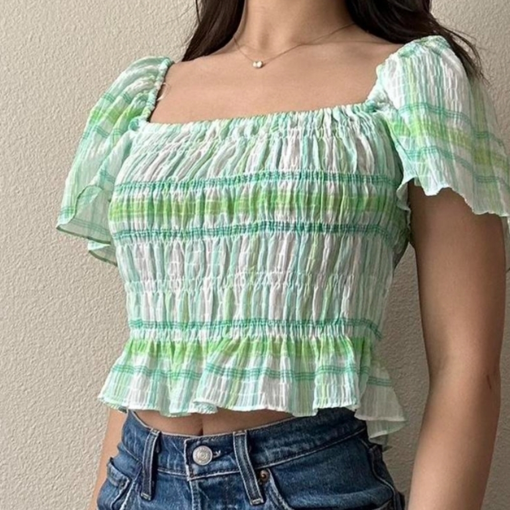 ZARA GREEN WHITE GATHERED TOP NEW WITH TAGS SIZE M